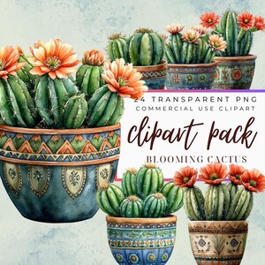 Cactus floreciente PNG - Clipart de cactus en maceta de acuarela para amantes de la jardinería, sublimación floral y manualidades con diario basura