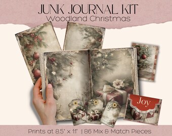 Woodland Christmas, Christmas Junk Journal Kit, Journal Printable, Christmas Journal, Christmas Scrapbook, Rustic Junk Journal Pages