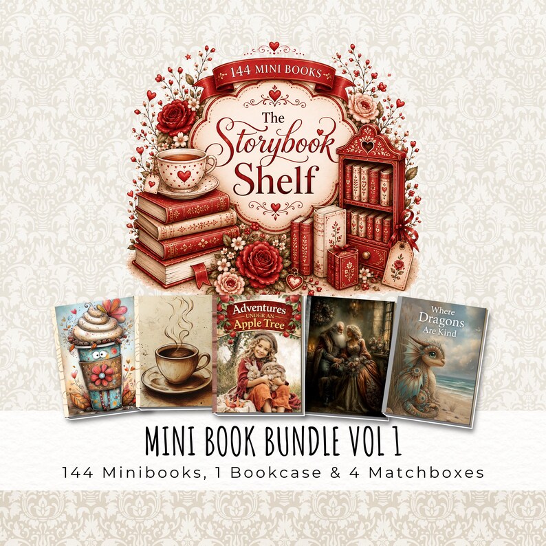 The image is a promotional graphic for a "Mini Book Bundle" featuring various illustrated books and a decorative border.