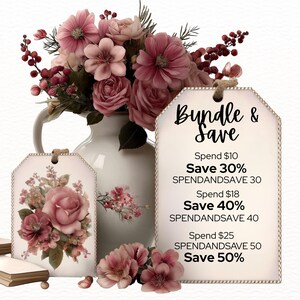 a bouquet of pink flowers in a white vase, along with two tags displaying a bundle and a save offer. The tags provide details about the savings, including discounts on purchases.