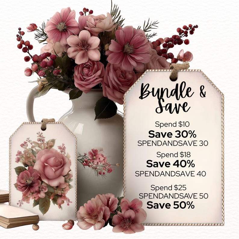 a bouquet of pink flowers in a white vase, along with two tags displaying a bundle and a save offer. The tags provide details about the savings, including discounts on purchases.