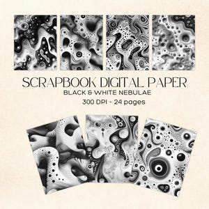 24 Black and White Digital Paper Pack. Patterns scrapbooking pages. B&W background bundle scrapbook sheets printable. Commercial use.