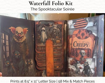 May include: A Waterfall Folio Kit titled The Spooktacular Soirée featuring Halloween-themed paper crafts. The kit includes 58 mix and match pieces printed on 21.59 cm by 27.94 cm paper, showcasing illustrations of clowns, ghosts, skeletons, and monsters.