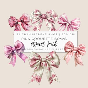 PInk Watercolor Coquette Bow Clipart - Cute Transparent PNG for Crafting & Commercial Use - Stripes and Polka Dots
