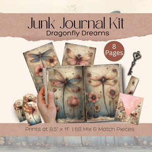 Kit di effimeri per junk journal a tema libellule rosa e oro, etichette, biglietti, buste, cartoline ATC a tema laghetto di libellule, etichette, cornici e buste.