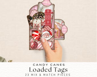 Puede incluir: Una colección de etiquetas de papel decorativas con temas navideños que incluyen a Santa Claus, bastones de caramelo, casas de jengibre y adornos rojos. El conjunto incluye varias formas y patrones en tonos rojo, blanco y rosa, etiquetados Candy Canes Loaded Tags 23 Mix & Match Pieces.