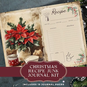 Kerstrecepten Junk Journal Kit, receptenboek collage printables, digitale kit om een kerstkookboek te maken, junk Journal Paper