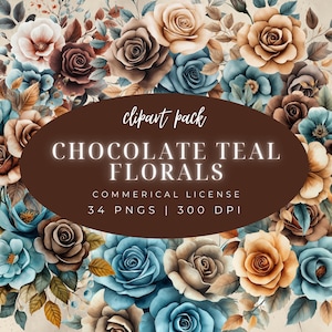Chocolate Teal Roses Clipart - Floral Arrangement - Wedding Invitations - Digital Download - Transparent PNG