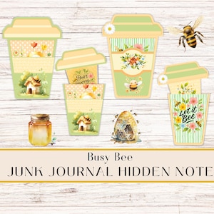 Busy Bees Junk Journal Hidden Note Coffee Cups Vintage Ephemera Pack - Printable Crafting Supplies - Digital Download