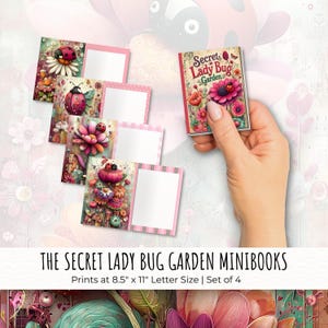 Lady Bug Garden Flowers, Mini Books Set of 4, Dollhouse Miniature Books, Vintage Storybook Decor, 2026