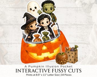 Halloween Pumpkin Illusion Pocket,  Pmpkin Junk Journal Kit, Cute Spooky Ephemera, Fussy Cuts, Ghost Witch Mummy Digital Download, 2026