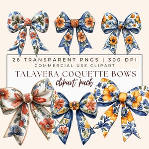 Clipart de Talavera Mexicana, Laços de Coquete Talavera Azul PNG, Conjunto de Clip Art de Padrão Mexicano, Design de Laço de Cabelo em Aquarela, Ilustração de Fita