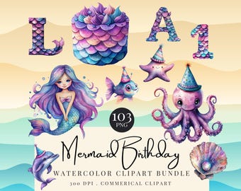 Mermaid Alphabet Clipart, Mermaid png, Alphabet Letters, Mermaid scales, Girl Birthday Clipart, Under the Sea, Card making, Commercial Use