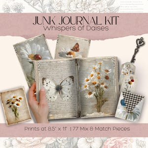 Daisy Junk Journal Kit,Printable JPG Pages with Ephemera, Tags, Bookmark, Summer Floral, Flower Digital Paper, Digital Download