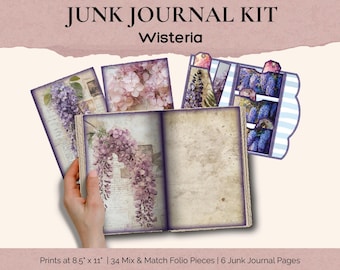 Kit de diario creativo Jardín de Glicinias, Flores Moradas Estilo Shabby Chic, Imprimible Botánico Vintage Lila Lavanda, Adornos para Álbum de Recortes