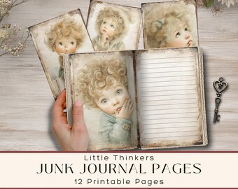 Pode incluir: Um conjunto de páginas imprimíveis para junk journal com ilustrações de crianças de cabelo encaracolado. As páginas incluem áreas de escrita com linhas e bordas de estilo vintage. O texto Little Thinkers JUNK JOURNAL PAGES 12 Printable Pages é visível.