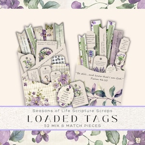 Scripture Loaded Tags, Purple & Green Seasons of Life Folio Kit, Digital Junk Journal Accessories, Printable Craft Supplies for Scrapbooking