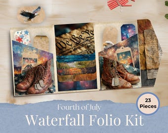 Fourth of July Waterfall Folio Kit – Independence Day Junk Journal Supplies, Red White & Blue Scrapbook Paper Pack