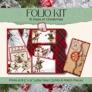 May include: A Folio Kit with a Christmas theme. The kit includes various decorative pieces with illustrations of children, birds, and dancers. The kit is designed to print at 8.5" x 11" letter size and contains 33 mix and match pieces.