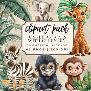 Clipart di simpatici animali della giungla, PNG di animali da safari, Clipart di animali ad acquerello, Clipart di baby shower, Leone Tigre Scimmia Giraffa, Safari carino