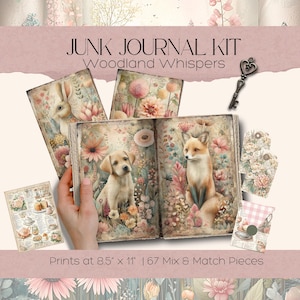 May include: A junk journal kit titled "Woodland Whispers" featuring illustrated pages with a rabbit, puppy, and fox. The kit includes 67 mix and match pieces, with prints at 8.5" x 11". A decorative key charm is also included.