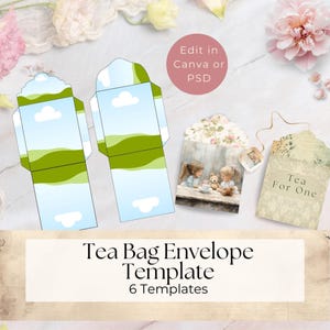 May include: Tea bag envelope template with a landscape design, featuring blue skies, green hills, and white clouds. The image includes templates with illustrations of children and the text "Tea For One". The text "Edit in Canva or PSD" is also visible.