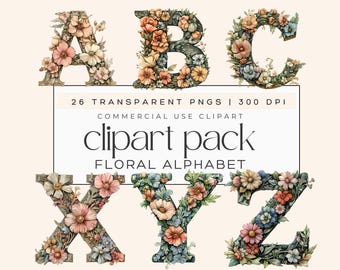 Bloemenalfabet clipart, lettermonogram, bloemeninitialen, alfabet PNG, A-Z bloemenletters, kinderkamerdecoratie, scrapbooking, commercieel gebruik