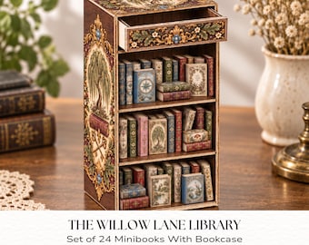 Willow Lane Library Printable Kit, Miniature Bookcase with 24 Tiny Books, Vintage Dollhouse Bookshelf, Junk Journal Papercraft, 2026