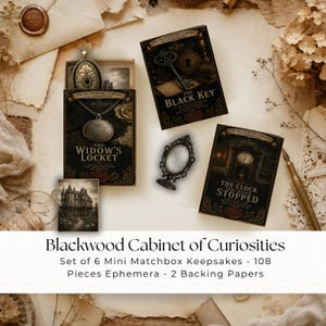 May include: A Blackwood Cabinet of Curiosities set featuring three rectangular boxes labeled The Widow's Locket, The Black Key, and The Clock That Never Stopped, alongside a small oval mirror, a locket, and a card depicting a dark mansion.