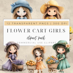 Flower Cart Girls Clipart, 12 JPG, Flower Heart Clipart, Kwiaty na specjalny dzień, Tworzenie kartek, Cyfrowe rzemiosło papierowe, Wykorzystanie komercyjne