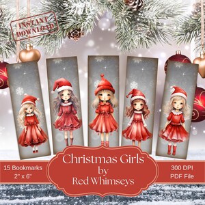 Segnalibri di Natale, kit di album digitale, ragazze rosse, verdi e dorate, segnalibri festivi, ragazze di Natale, regalo per gli amanti dei libri