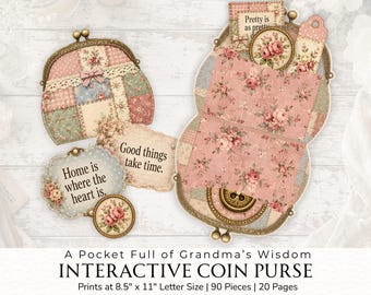 Grandma’s Wisdom Coin Purse Printable Kit, Interactive Junk Journal Folio, Vintage Ephemera, Cottagecore Ephemera Affirmations, 2026