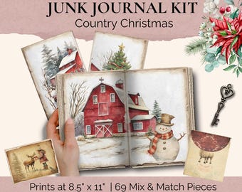 Country Christmas Junk Journal Kit, Winter Farm Barn Cottagecore Journal Paper, Christmas Journal, Rustic Christmas, Instant Download