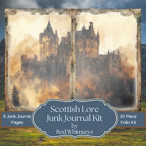 Scottish Lore Junk Journal and Folio Kit - 8-seitiges Vintage-Journal mit 30-teiligem Ephemera-Set, Scrapbooking- und Bastelbedarf