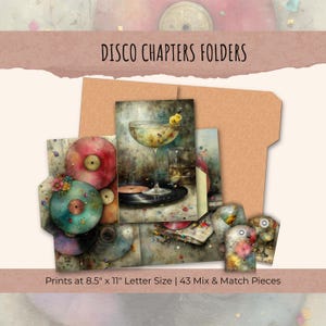 Può includere: Una collezione di "Disco Chapters Folders" con illustrazioni ad acquerello di dischi in vinile e cocktail. Le stampe sono 21,6 x 27,9 cm e includono 43 pezzi misti. La tavolozza dei colori comprende rosa, verde acqua e marrone.