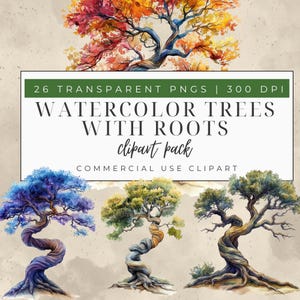 Watercolor Tree With Roots Clipart, 26 High Quality PNGs, Tree Of Life Art, Life Element, Family Tree, Commercial Use, Junk Journal Woodland