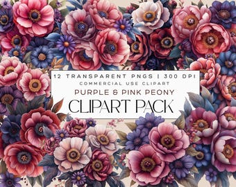 Watercolor Floral Clipart, Purple Peonies Clipart, Boho Flowers Clipart, Spring Florals, Elegant Bohemian Flowers, Burgundy Peony, PNG