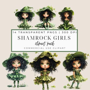 Shamrock Girls Clipart, 14 Transparent PNG, Lucky St Patrick&#39;s Day, Green, Card Making, Digital Paper Craft, Commercial Use