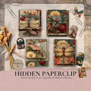 Puede incluir: Una colección de clips y etiquetas decorativas con temática floral y libélulas. Los clips son plateados y las etiquetas presentan una mezcla de flores y libélulas. Se muestra el texto "HIDDEN PAPERCLIP", junto con "Impresiones a 21,6 cm x 28 cm | 55 piezas Mix & Match."