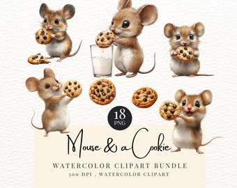 May include: A digital clipart bundle featuring watercolor illustrations of brown mice holding chocolate chip cookies, including a mouse with a glass of milk. The text reads 18 PNG, Mouse & a Cookie, WATERCOLOR CLIPART BUNDLE, 300 DPI, WATERCOLOR CLIPART.