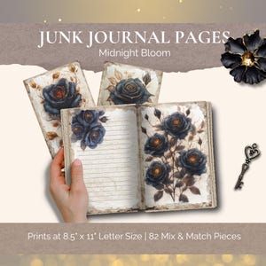 Moody Roses Junk Journal Pages | Black, Blue and Gold Floral Papers | Digital Downloads, Print at Home