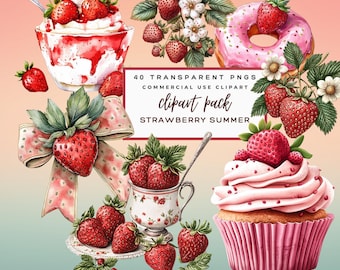 Imágenes prediseñadas de fresas en acuarela, imágenes prediseñadas de fresas para el primer cumpleaños, imágenes prediseñadas de lazos de fresa, imágenes prediseñadas de postres de fresa, baby shower, imágenes prediseñadas de frutas