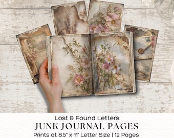 Op de afbeelding: Een verzameling junk journal pagina's met bloemenillustraties en vintage briefontwerpen. De pagina's zijn gedrukt op 21,59 cm bij 27,94 cm. De set bevat 12 pagina's met de titel Lost & Found Letters Junk Journal Pages.