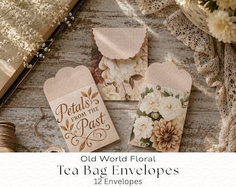 Tea Bag Envelopes with Inspirational Quotes, Beige and White Floral Design, Tea Party Printable, Junk Journal Supplies, Tea Gifts & Favors