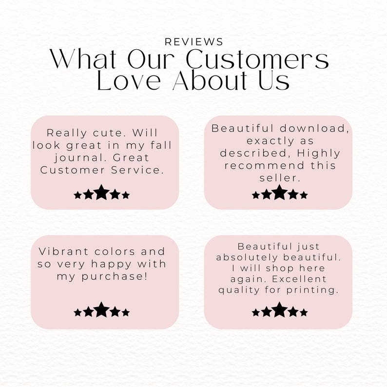 four pink boxes with text and stars, likely representing customer reviews. The text appears to be positive and describes the seller's customer service, the quality of the product, and the overall satisfaction with the purchase.