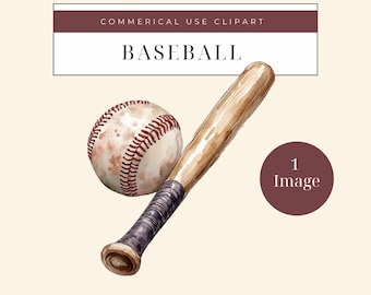 Watercolor Baseball and Bat Clipart, Sports Ball Transparent PNG, Instant Download Image, Sports Graphic Clipart