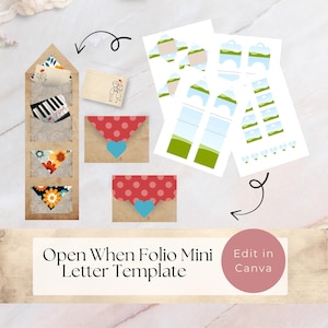 Könnte beinhalten: Eine druckbare Open When Folio Mini-Briefvorlage mit einem vertikalen Folio mit drei Taschen, die florale und Klavier-Motive enthalten, zwei Umschlägen mit roten Punkten und blauen Herzverschlüssen sowie Bögen mit Landschaftsgrafiken.