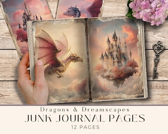 Junk Journal Digital Download | Floating Fantasy Castle & Dragon Vintage Papers| Dreamscapes Kingdom Journal Pages