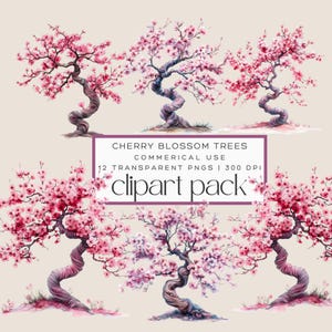 Whimsical Watercolor Cherry Blossom Tree Clipart, PNG Digital Download File, Digital Paper Craft, Card Making Clipart, Pink and Brown