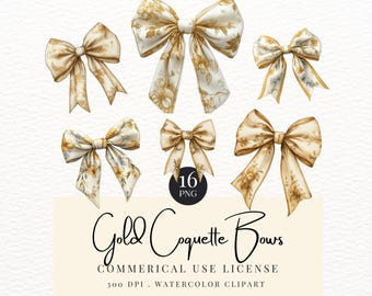 Gold Watercolor Coquette Bow Clipart - Digital Download for Crafting - Cute Bow Transparent PNG for Commercial Use